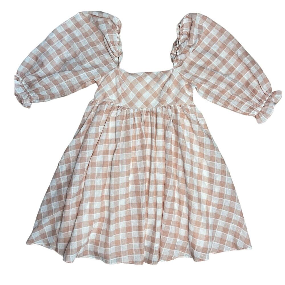 Gypsy Rose Pink & White Gingham Babydoll Dress Puffed Sleeves Pockets Size Small